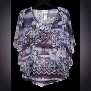 Alfred Dunner S Butterfly Sleeve Top Attached Necklace Sheer Print flowy wear